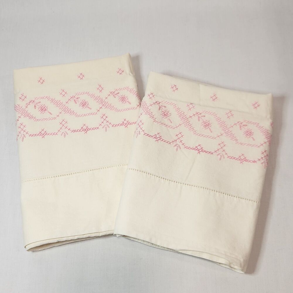 Vintage Hand Embroidered Pink Cross Stitch White Cotton Pillowcase Set of 2